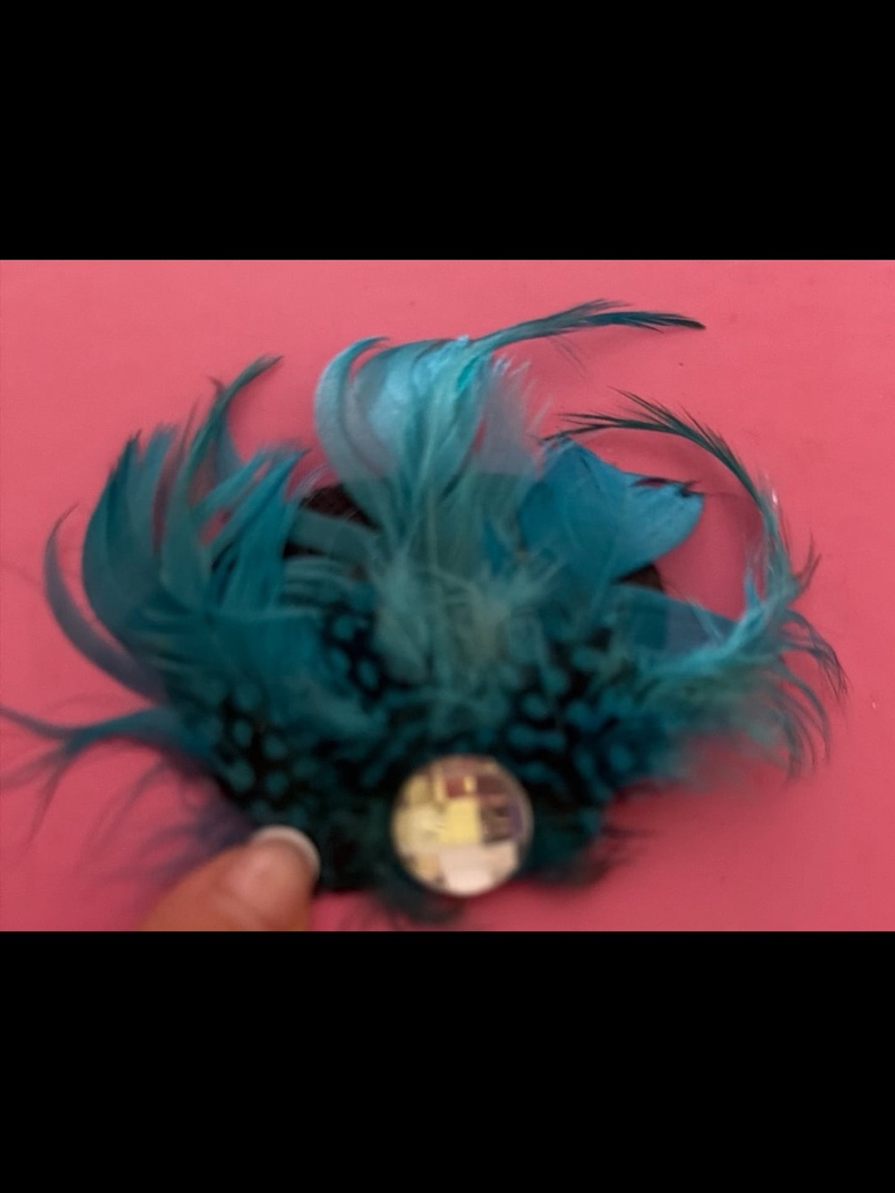 Teal Feather Hair Clip with Gem Accent